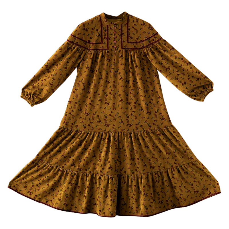 Elsie Dress Mori Girls Floral Cotton Corduroy Midi Dress Long Sleeve Casual Loose Ruffles Sweet Long Dress
