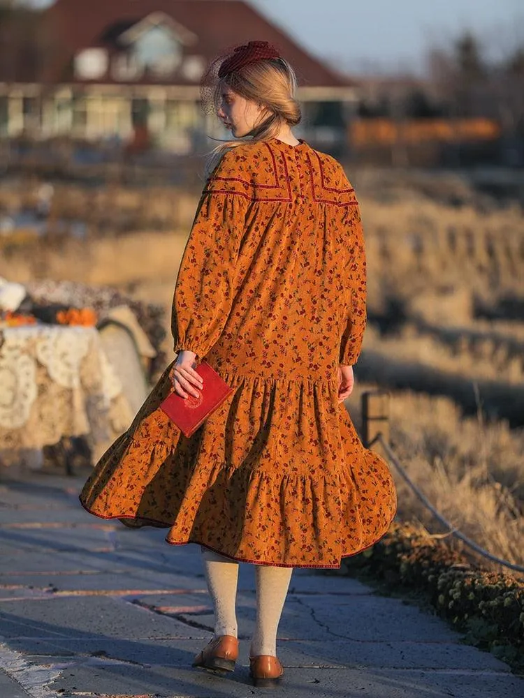 Elsie Dress Mori Girls Floral Cotton Corduroy Midi Dress Long Sleeve Casual Loose Ruffles Sweet Long Dress