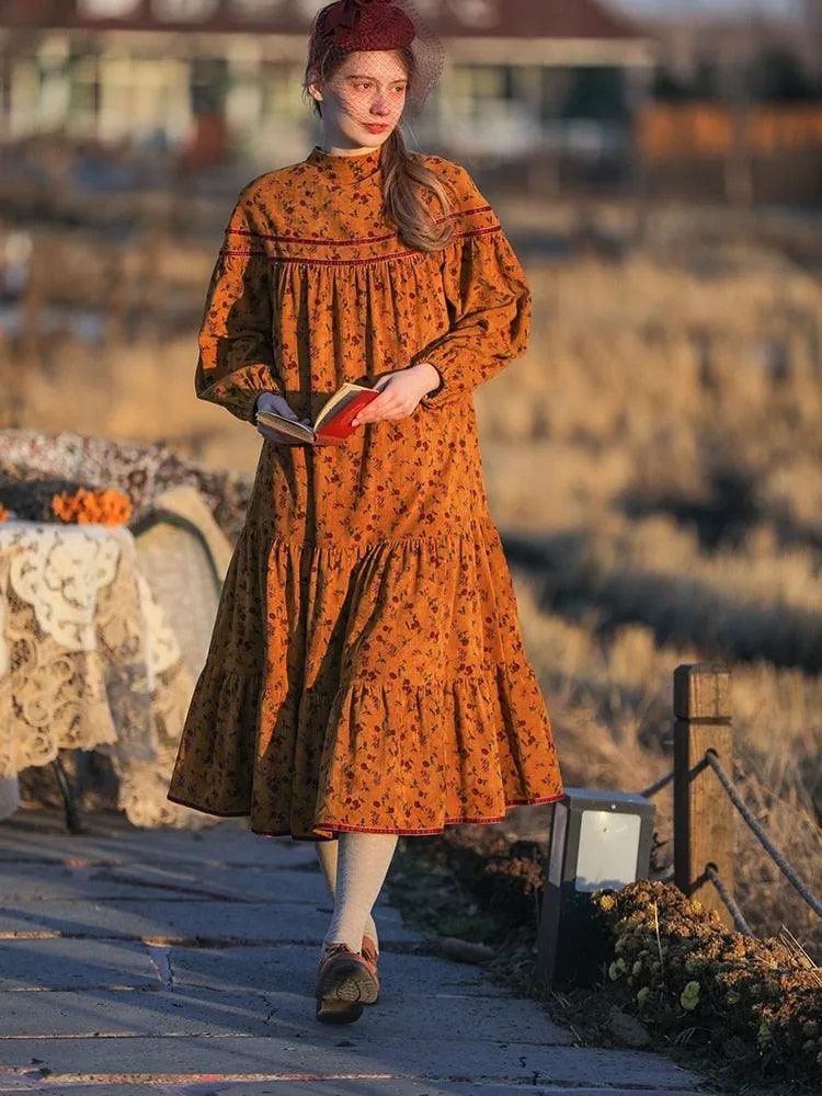 Elsie Dress Mori Girls Floral Cotton Corduroy Midi Dress Long Sleeve Casual Loose Ruffles Sweet Long Dress