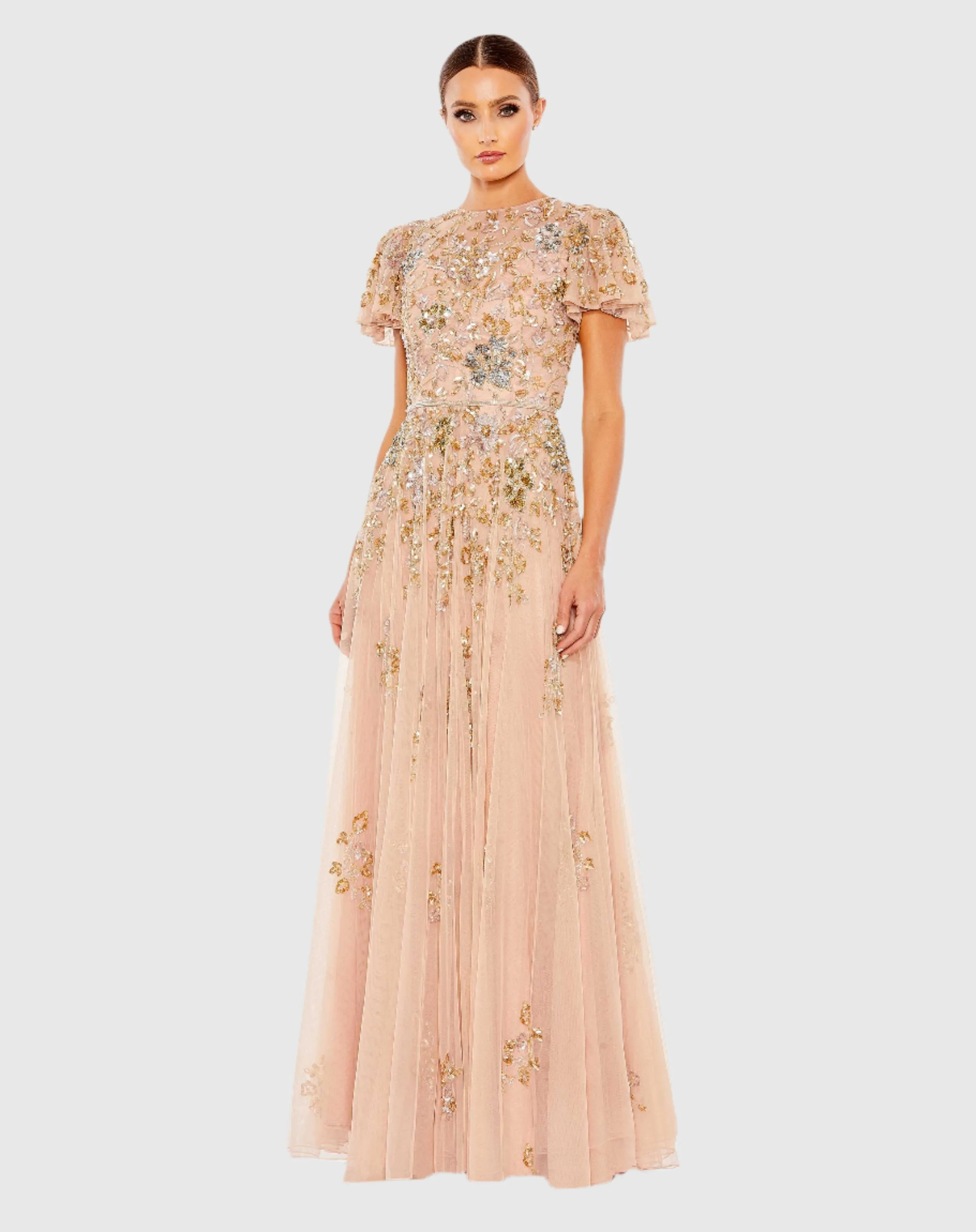 Embellished Butterfly Sleeve High Neck Gown - FINAL SALE