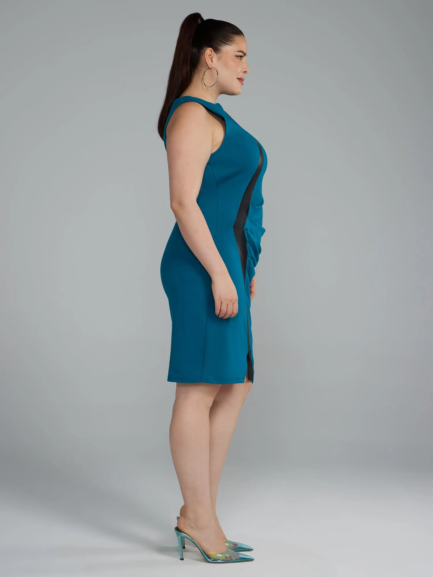 Faux Leather Detail Ruched Ponte Knit Dress