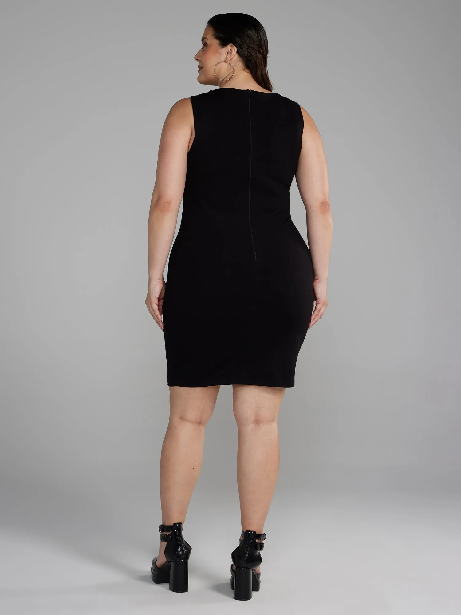 Faux Leather Detail Ruched Ponte Knit Dress