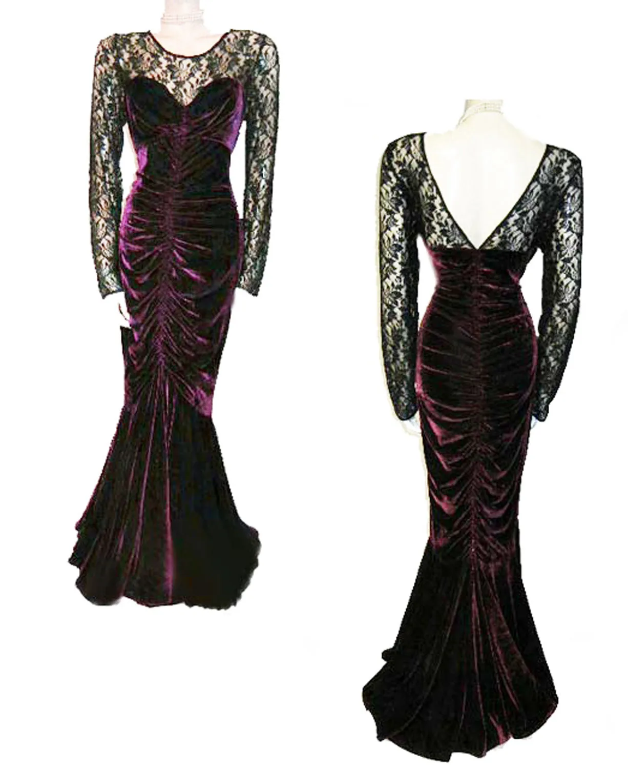 *FROM MY OWN PERSONAL COLLECTION - GLAMOROUS RUCHED BURGUNDY VELVETY & BLACK LACE ILLUSION EVENING GOWN WITH SWEETHEART NECKLINE - LARGER SIZE
