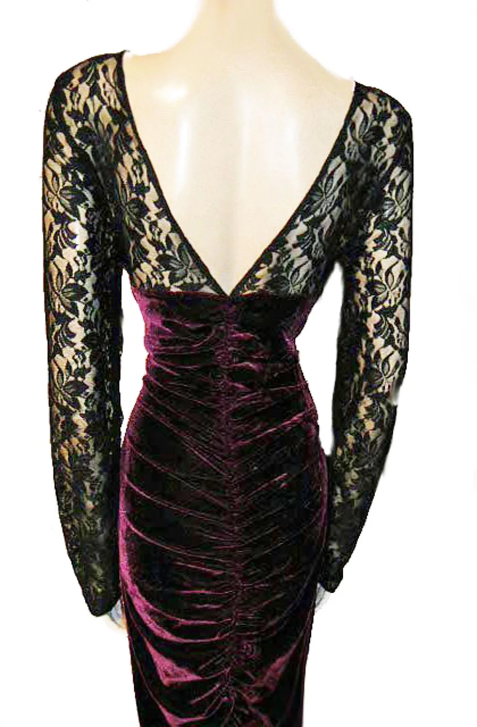 *FROM MY OWN PERSONAL COLLECTION - GLAMOROUS RUCHED BURGUNDY VELVETY & BLACK LACE ILLUSION EVENING GOWN WITH SWEETHEART NECKLINE - LARGER SIZE