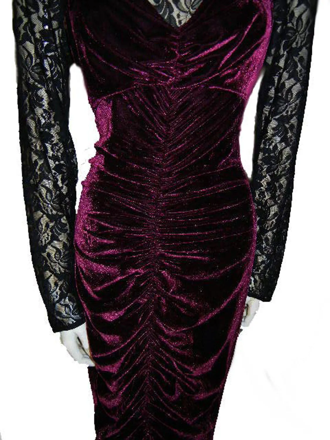 *FROM MY OWN PERSONAL COLLECTION - GLAMOROUS RUCHED BURGUNDY VELVETY & BLACK LACE ILLUSION EVENING GOWN WITH SWEETHEART NECKLINE - LARGER SIZE