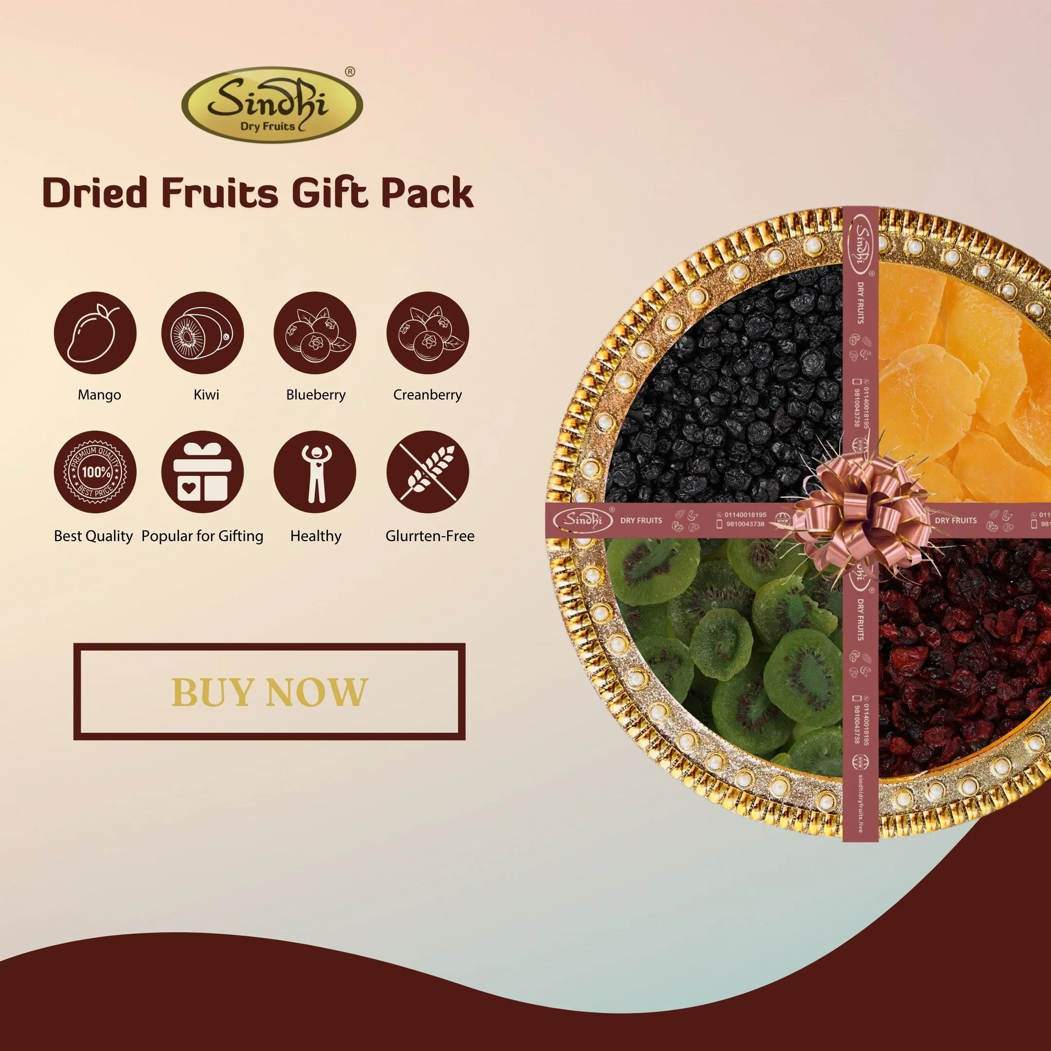 Gift Pack Containing Dehydrated Mango, Dehydrated Kiwi, Dehydrated Cranberries, Dehydrated Blueberries