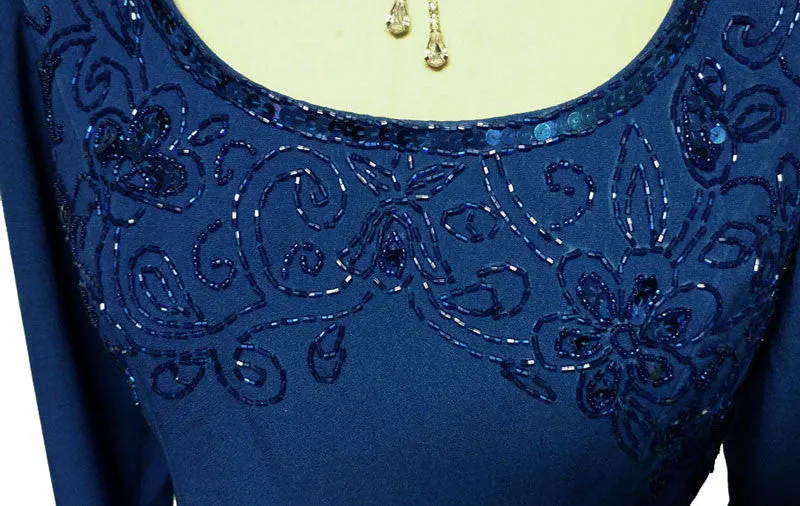 *GLAMOROUS SCALA DARK ROYAL BLUE SEQUIN, BUGLE BEADS & ROUND BEADED DRESS