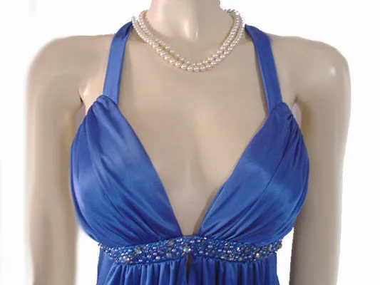 *GODDESS LOOK BEADED, RHINESTONE & BLUE PEARLS EVENING GOWN WITH A FABULOUS "X" BACK