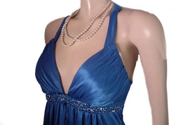 *GODDESS LOOK BEADED, RHINESTONE & BLUE PEARLS EVENING GOWN WITH A FABULOUS "X" BACK