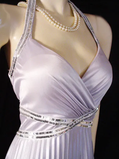 GODDESS LOOK MASQUERADE SILVER PLEATED SEQUIN GRECIAN GODDESS HALTER EVENING GOWN - NEW WITH TAG - PERFECT FOR NEW YEAR'S EVE