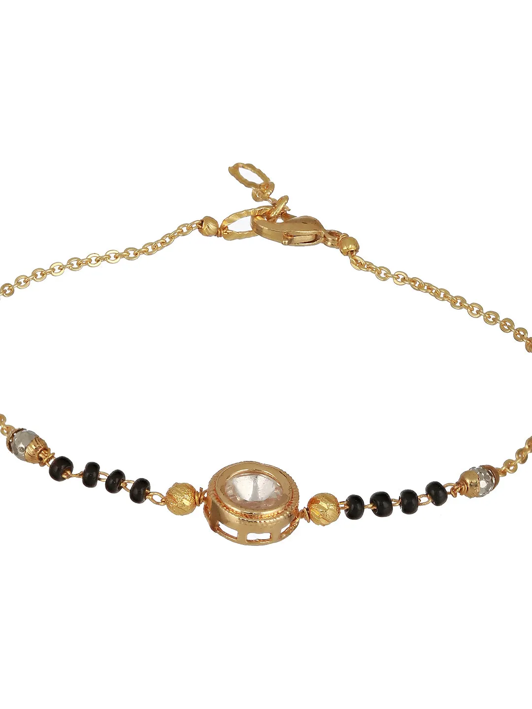 Gold-Plated Crystals Studded & Beaded Link Hand Mangal Sutra Bracelet