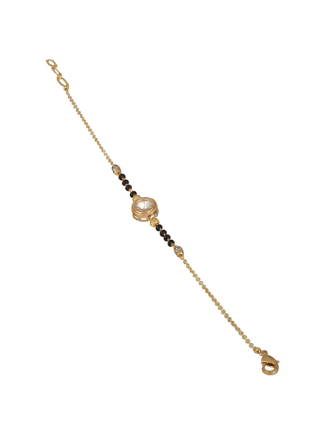 Gold-Plated Crystals Studded & Beaded Link Hand Mangal Sutra Bracelet