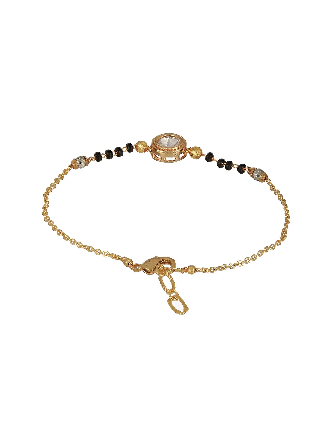 Gold-Plated Crystals Studded & Beaded Link Hand Mangal Sutra Bracelet