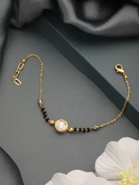 Gold-Plated Crystals Studded & Beaded Link Hand Mangal Sutra Bracelet