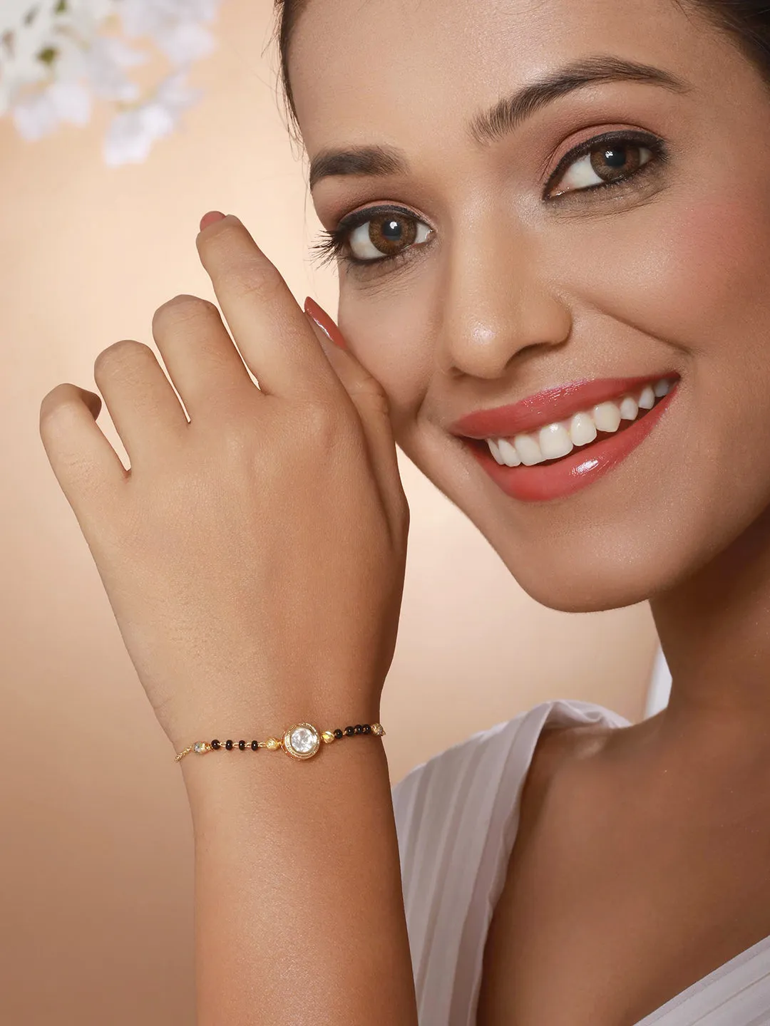 Gold-Plated Crystals Studded & Beaded Link Hand Mangal Sutra Bracelet