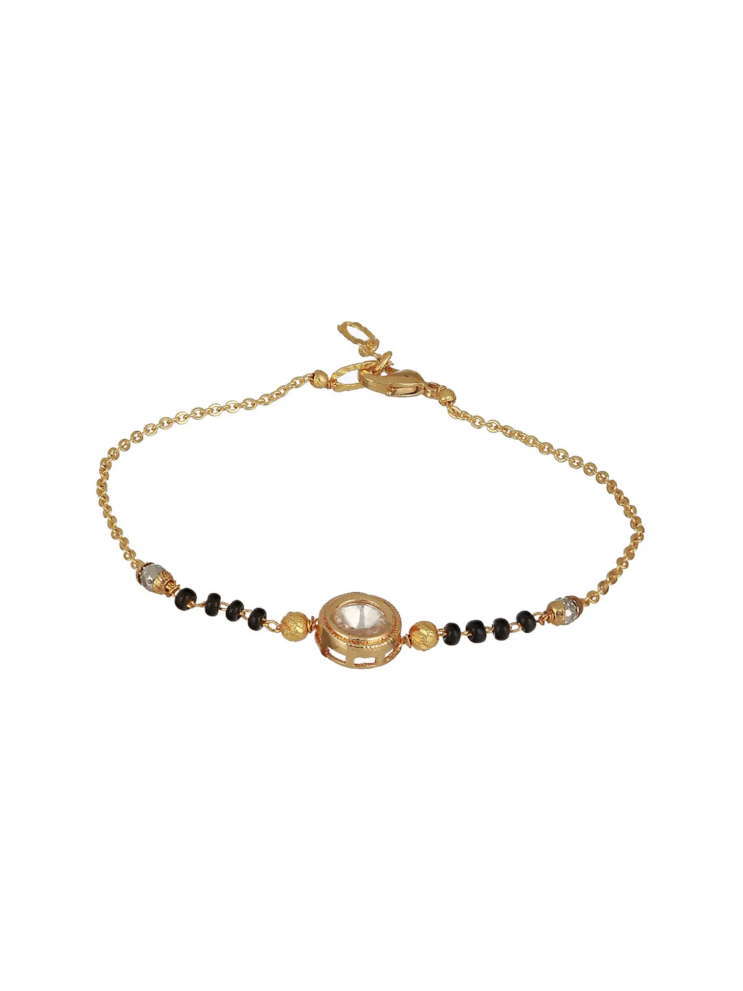 Gold-Plated Crystals Studded & Beaded Link Hand Mangal Sutra Bracelet