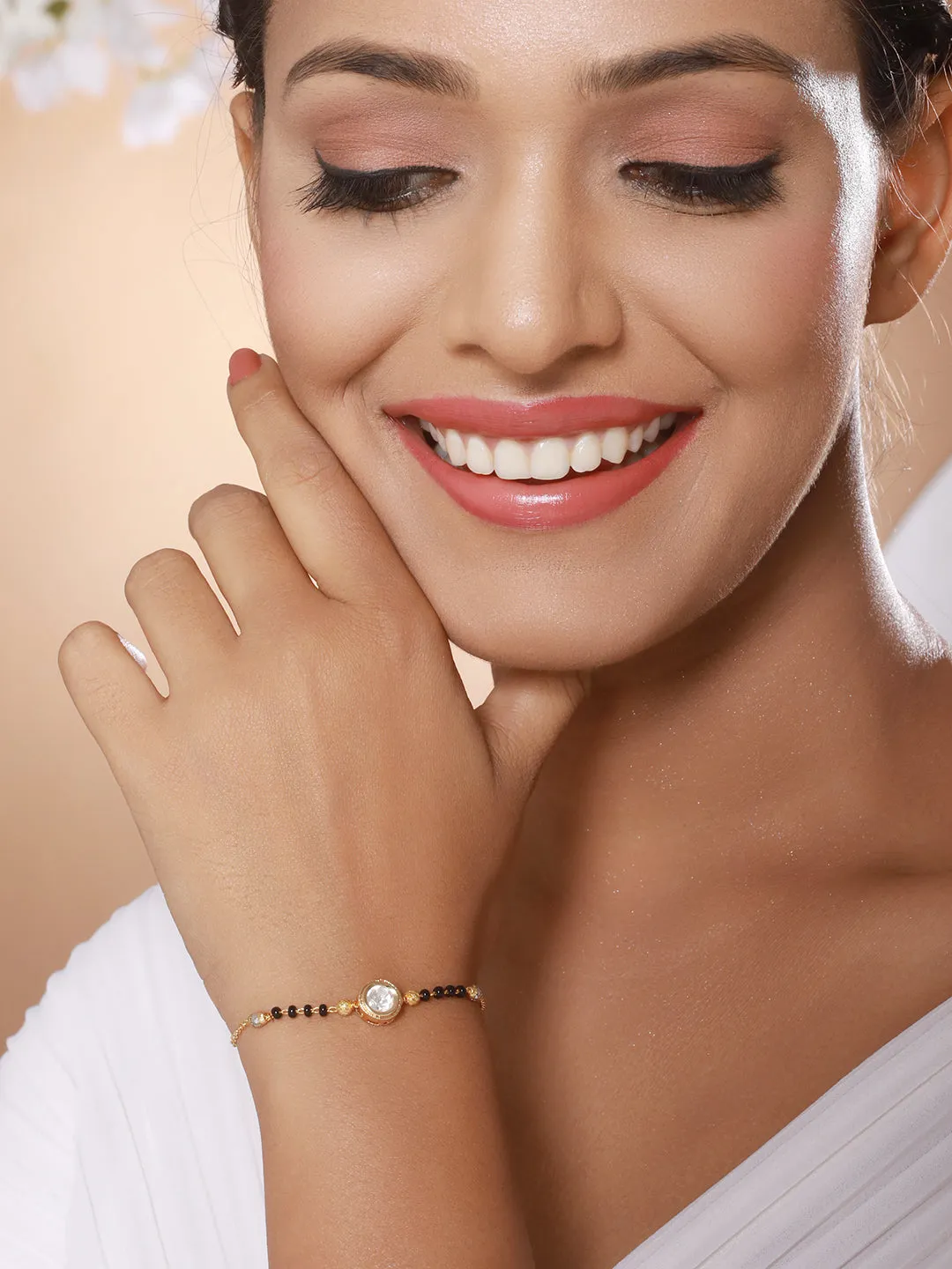 Gold-Plated Crystals Studded & Beaded Link Hand Mangal Sutra Bracelet