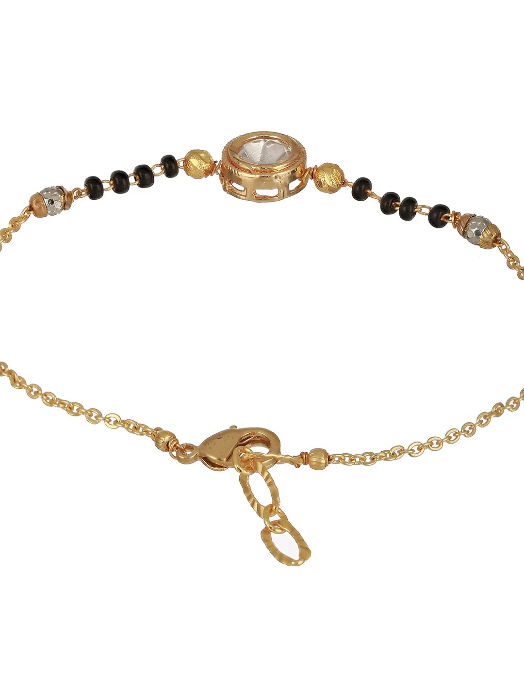 Gold-Plated Crystals Studded & Beaded Link Hand Mangal Sutra Bracelet