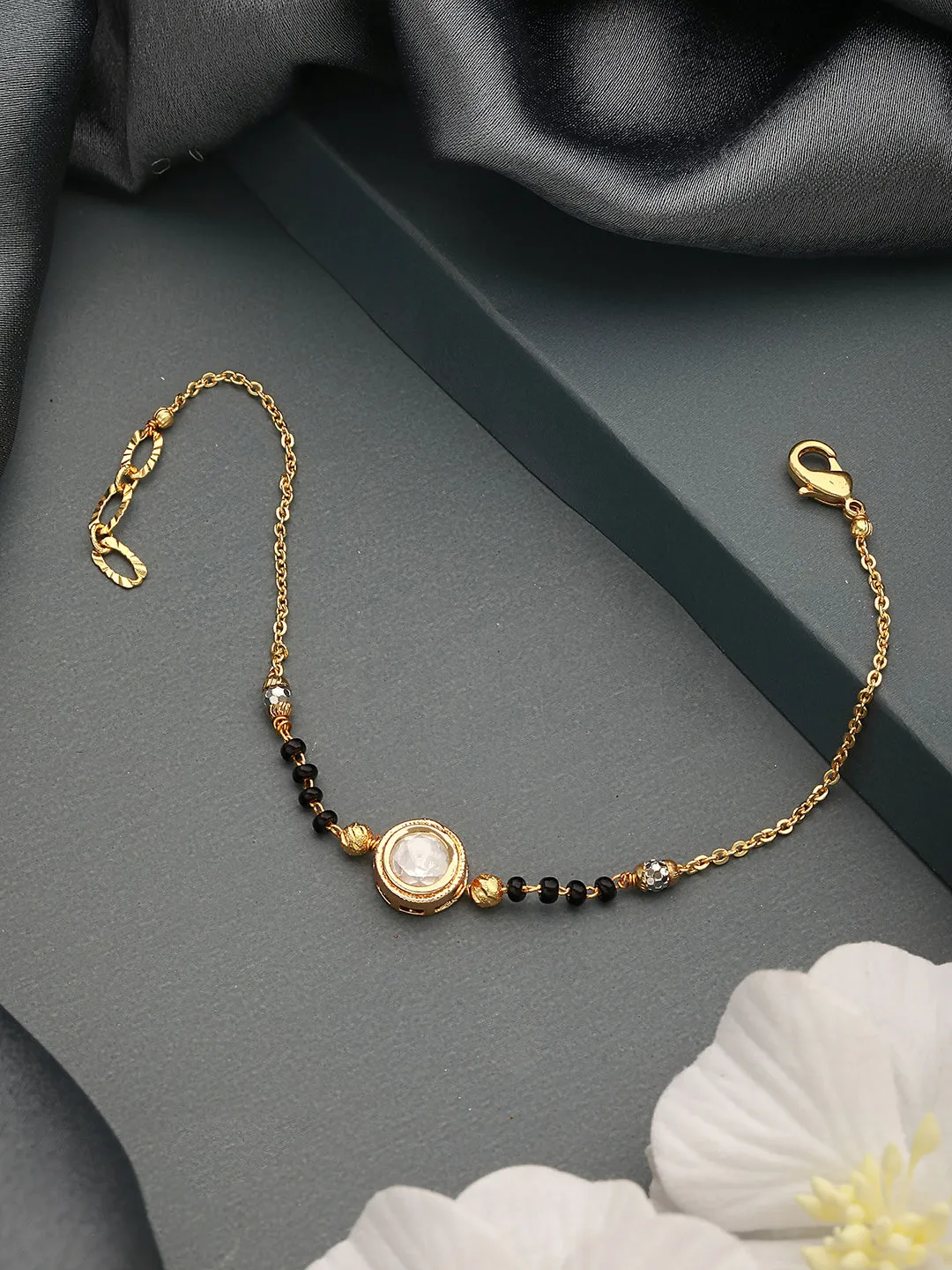 Gold-Plated Crystals Studded & Beaded Link Hand Mangal Sutra Bracelet