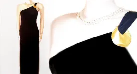 GORGEOUS VINTAGE ALEX EVENINGS ONE-SHOULDER GODDESS EVENING GOWN WITH GOLD METAL DECORATION - SIZE 12