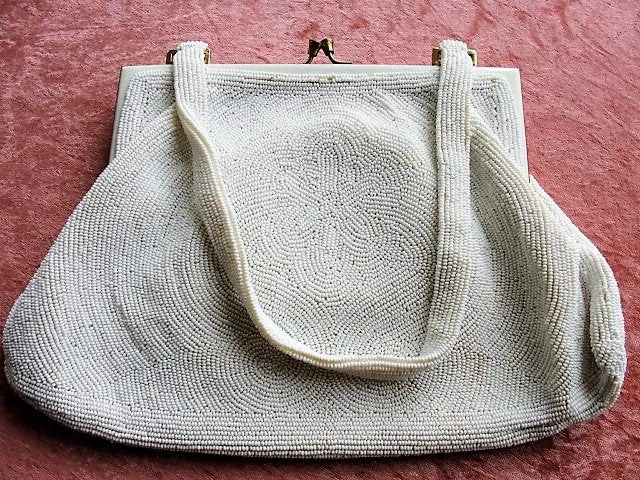 GORGEOUS Vintage Belgium Hand Beaded Large Evening Hand Bag, Special Occasion Purse, White Glass Beads White Enamel Frame, Walborg, Belgium