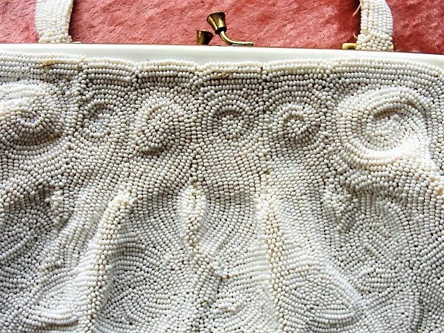 GORGEOUS Vintage Belgium Hand Beaded Large Evening Hand Bag, Special Occasion Purse, White Glass Beads White Enamel Frame, Walborg, Belgium