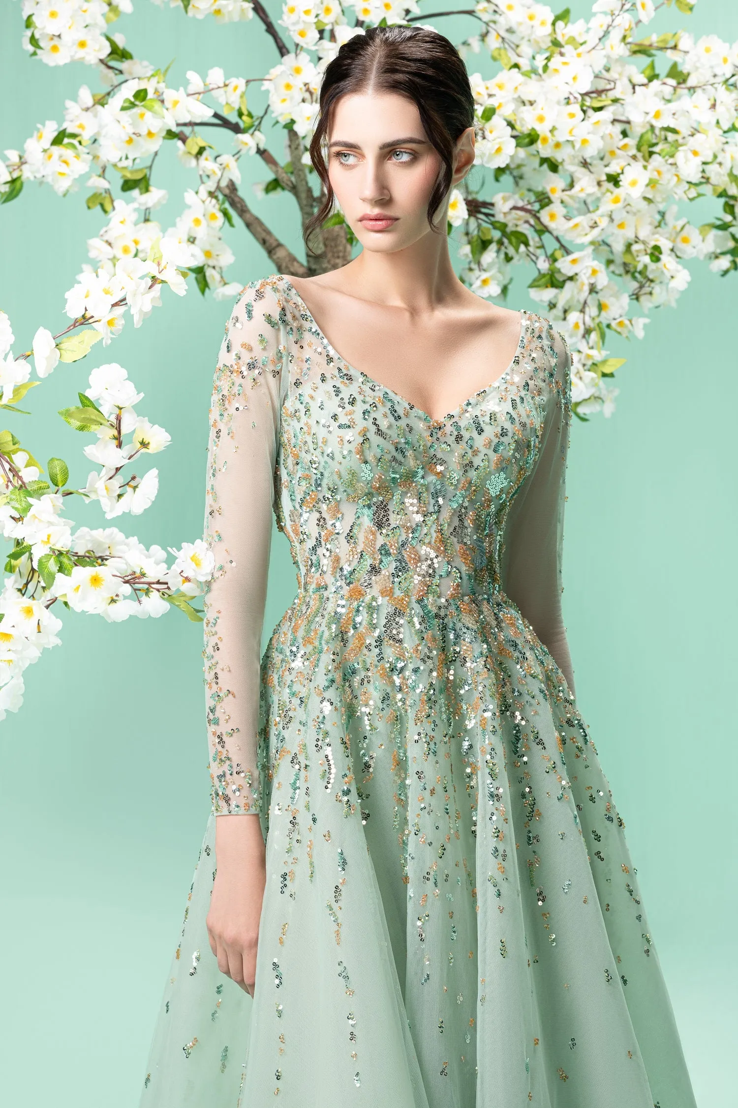 Gray Green Long Sleeves Sequined Dress-2518 Online UAE