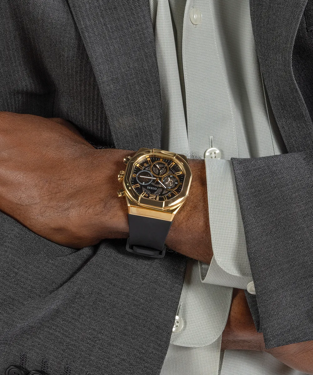 GUESS Mens Black Gold Multi-function Watch