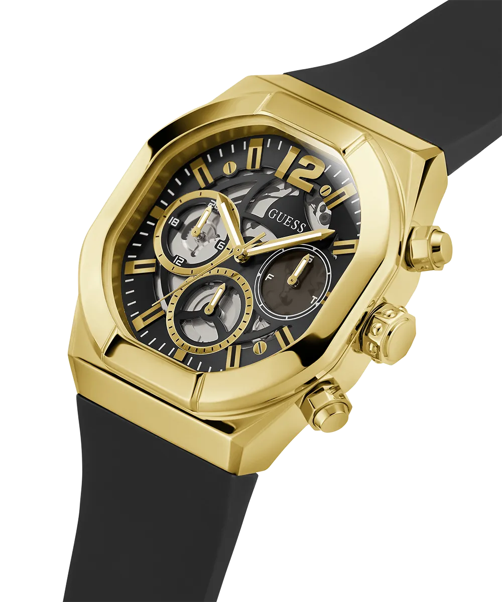 GUESS Mens Black Gold Multi-function Watch