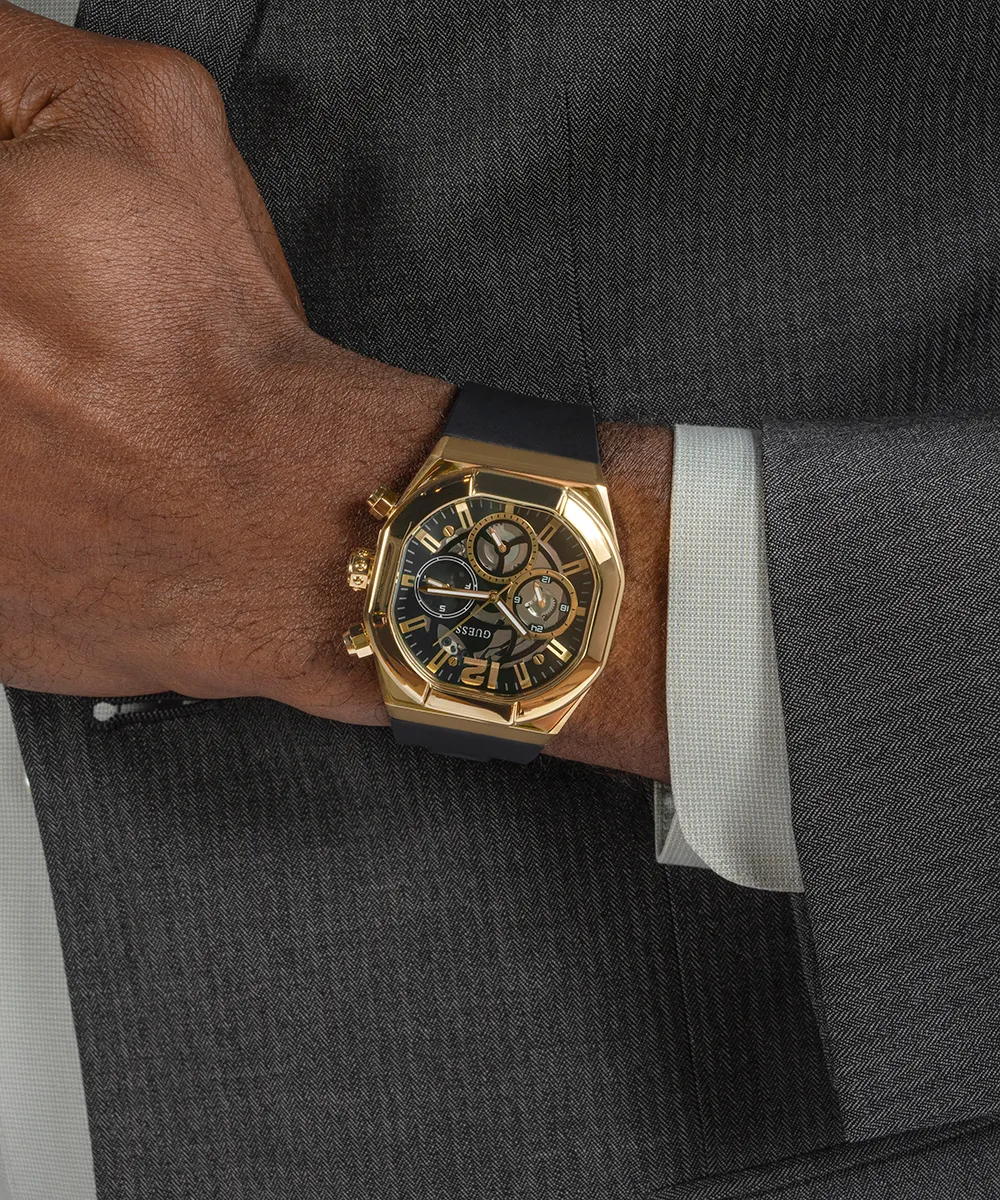 GUESS Mens Black Gold Multi-function Watch
