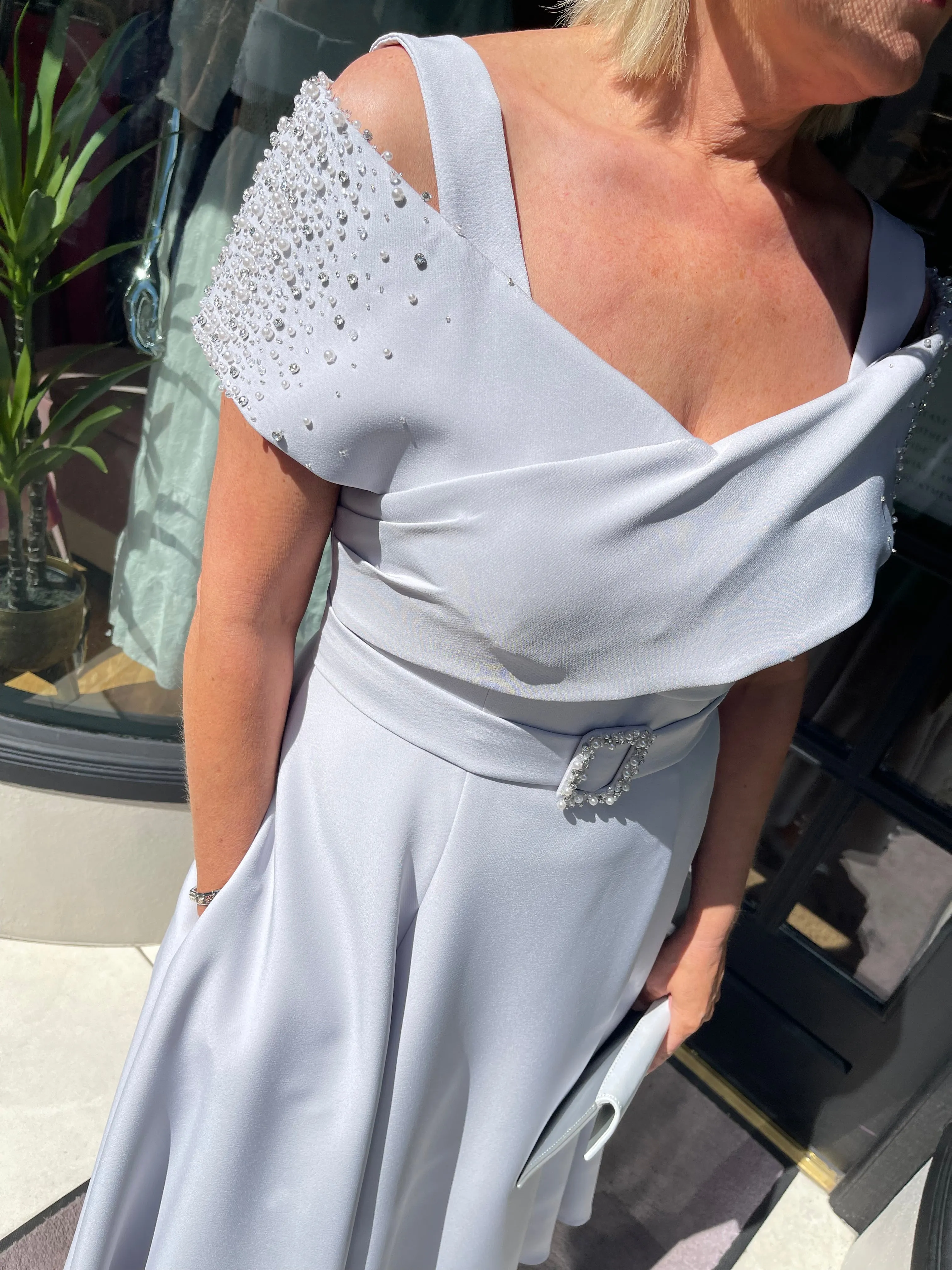 John Charles 66501 Crepe and Beading Silver Dress