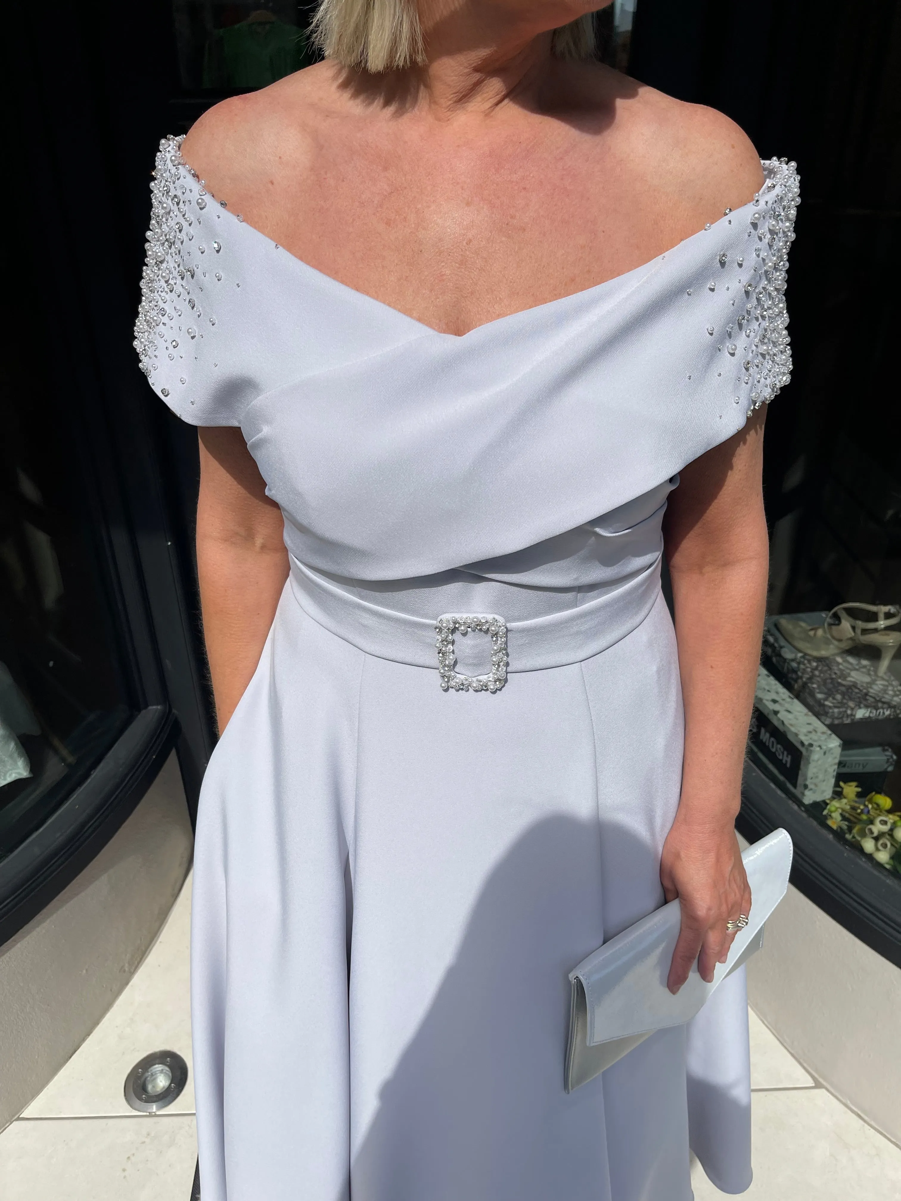 John Charles 66501 Crepe and Beading Silver Dress