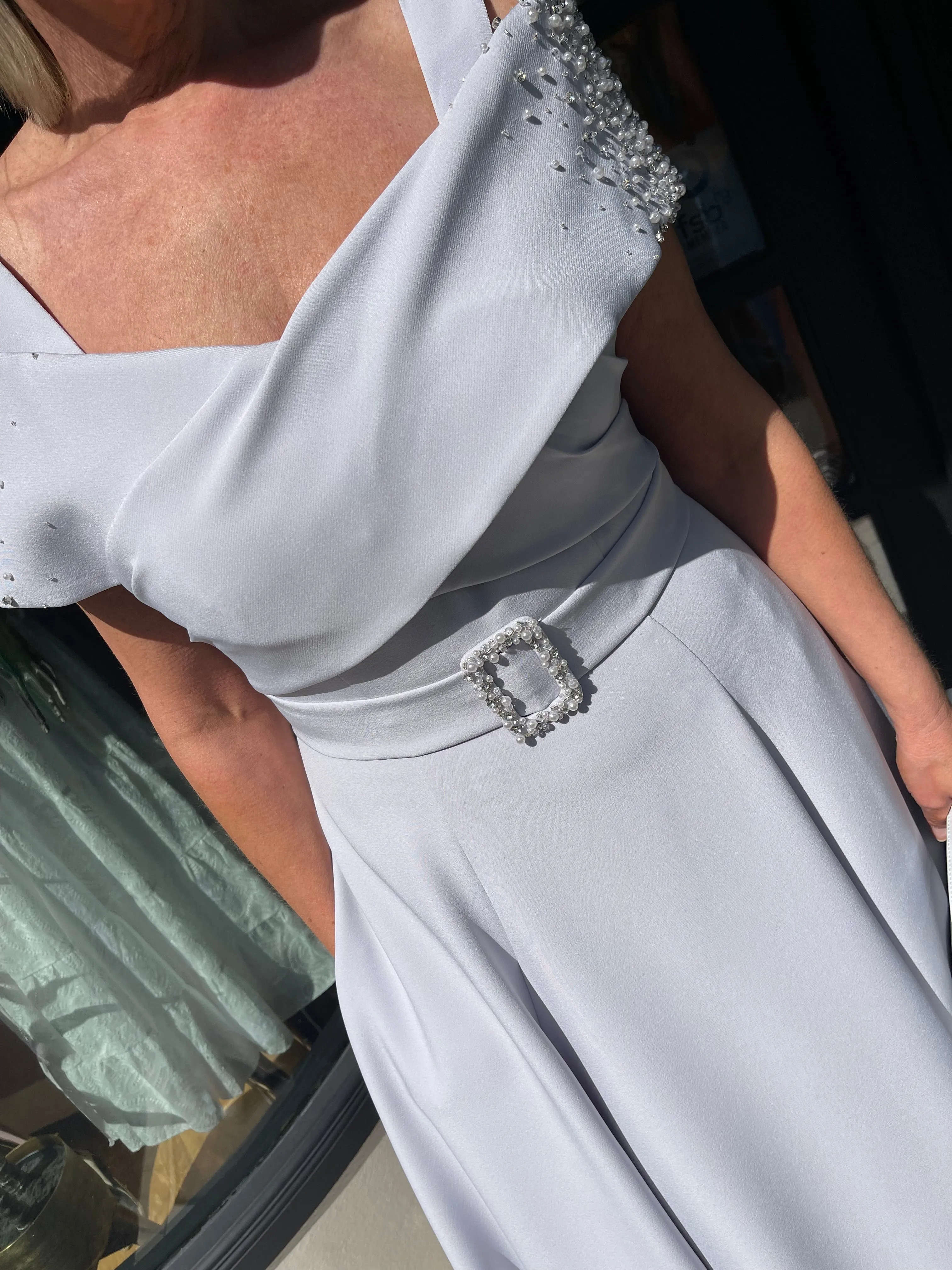 John Charles 66501 Crepe and Beading Silver Dress