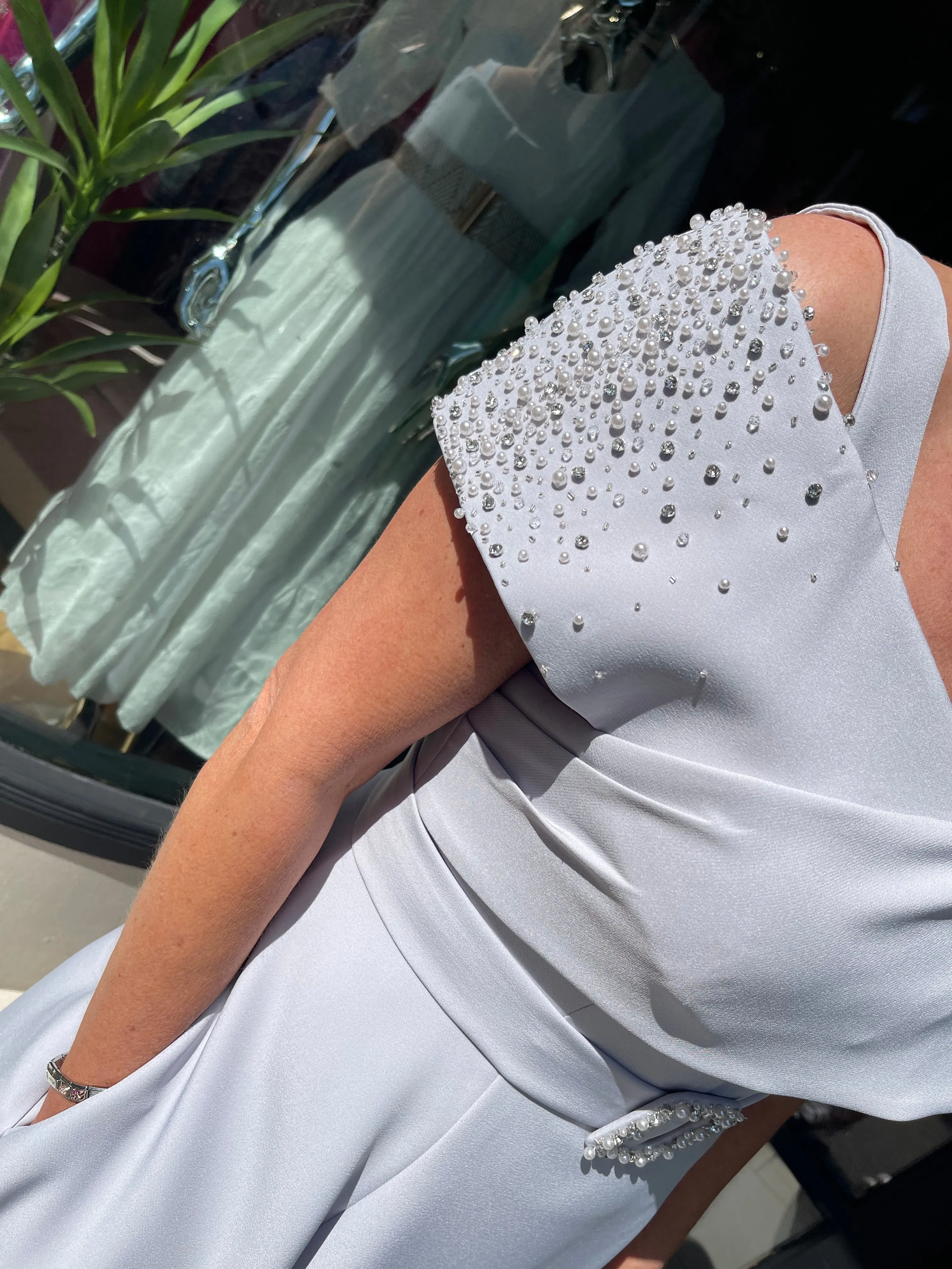John Charles 66501 Crepe and Beading Silver Dress