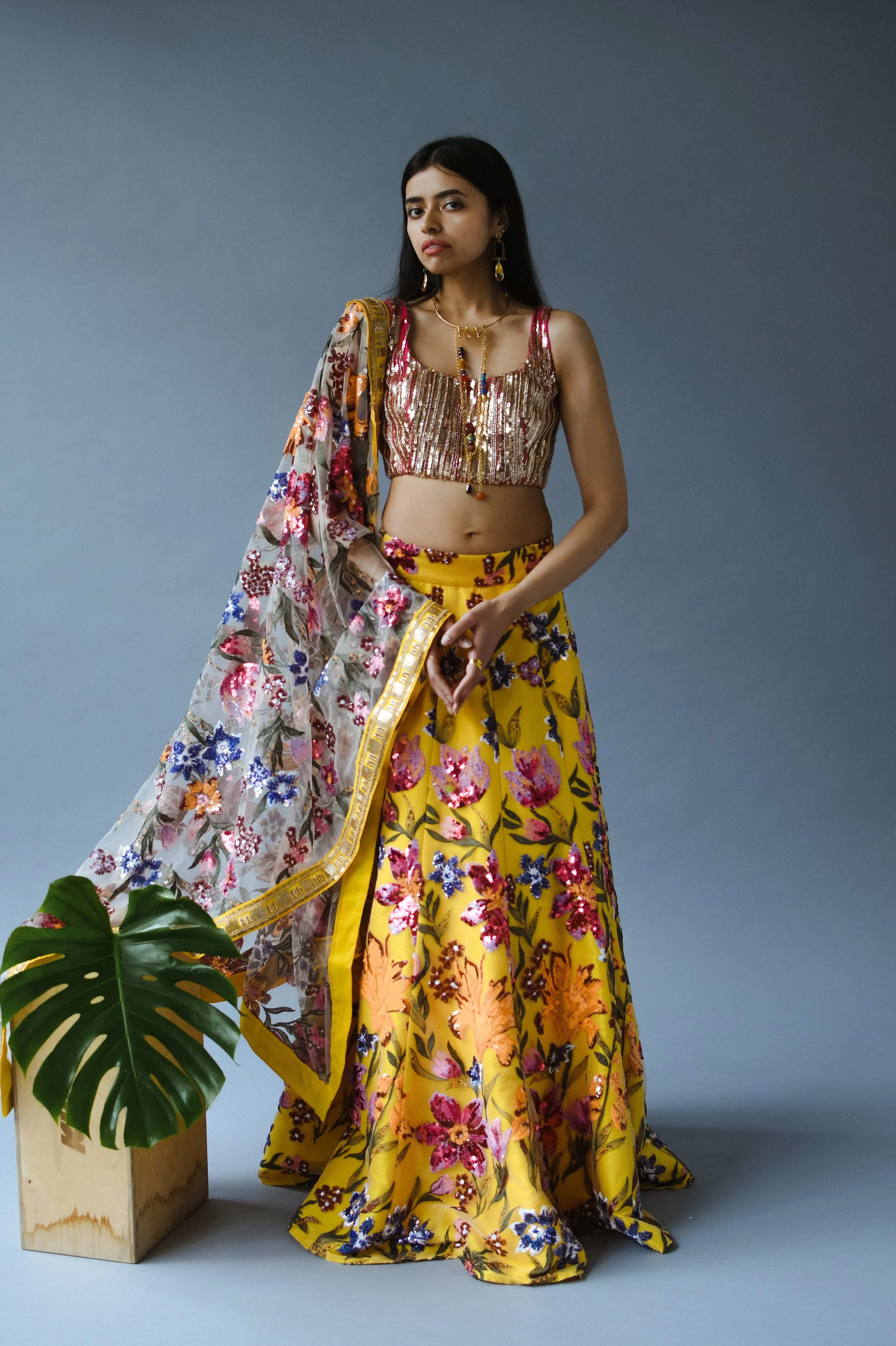 MURELLA Pink and Gold Sequin Lehenga Top