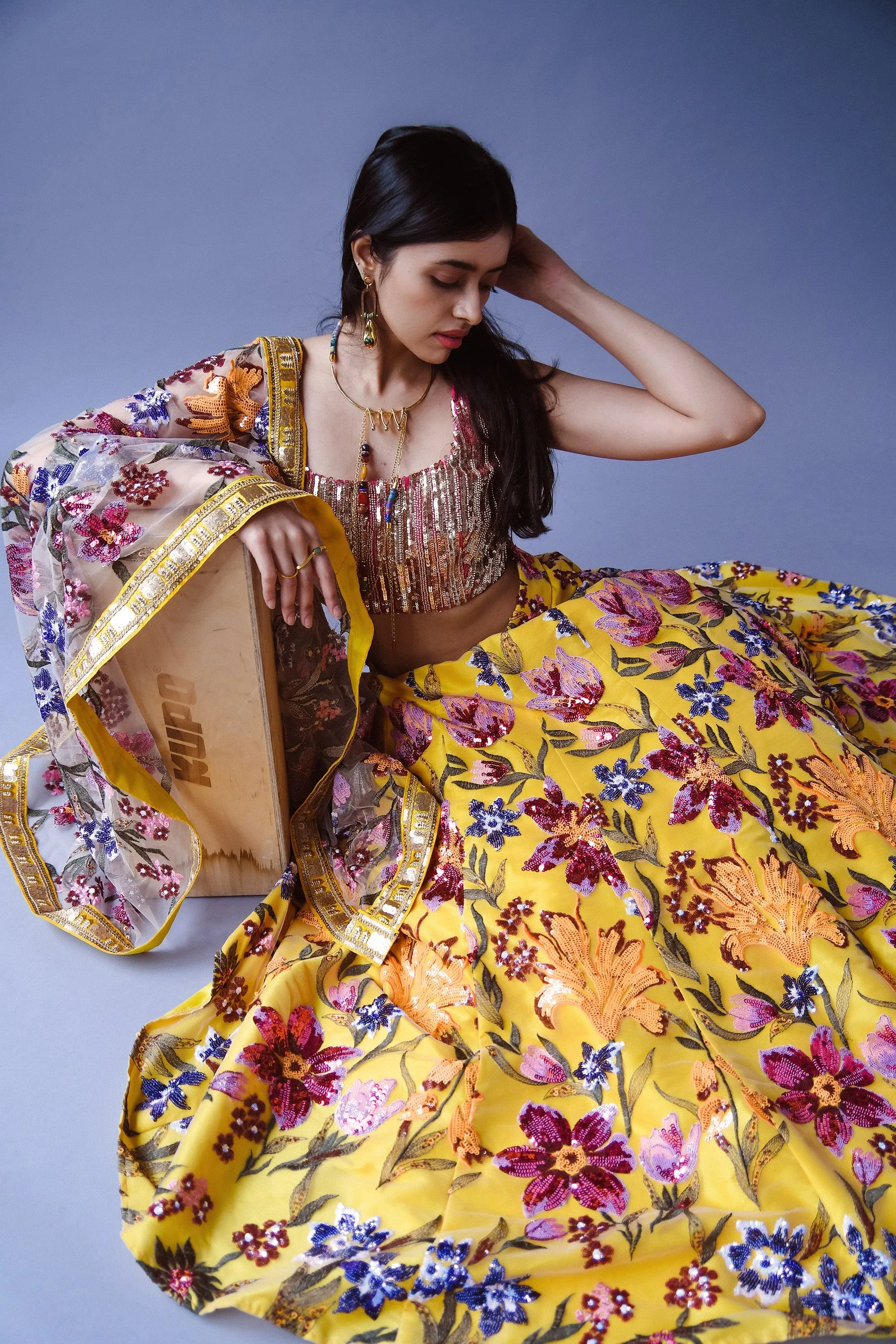 MURELLA Pink and Gold Sequin Lehenga Top