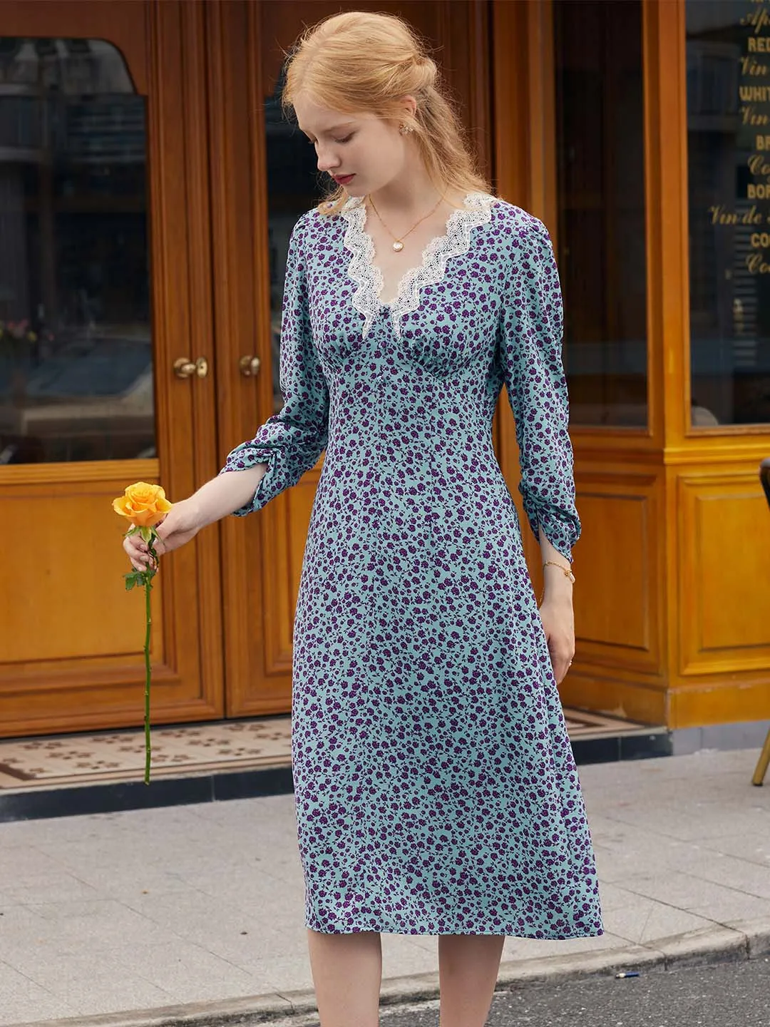 Oaklynn Lace Patchwork V-neck Floral Dress