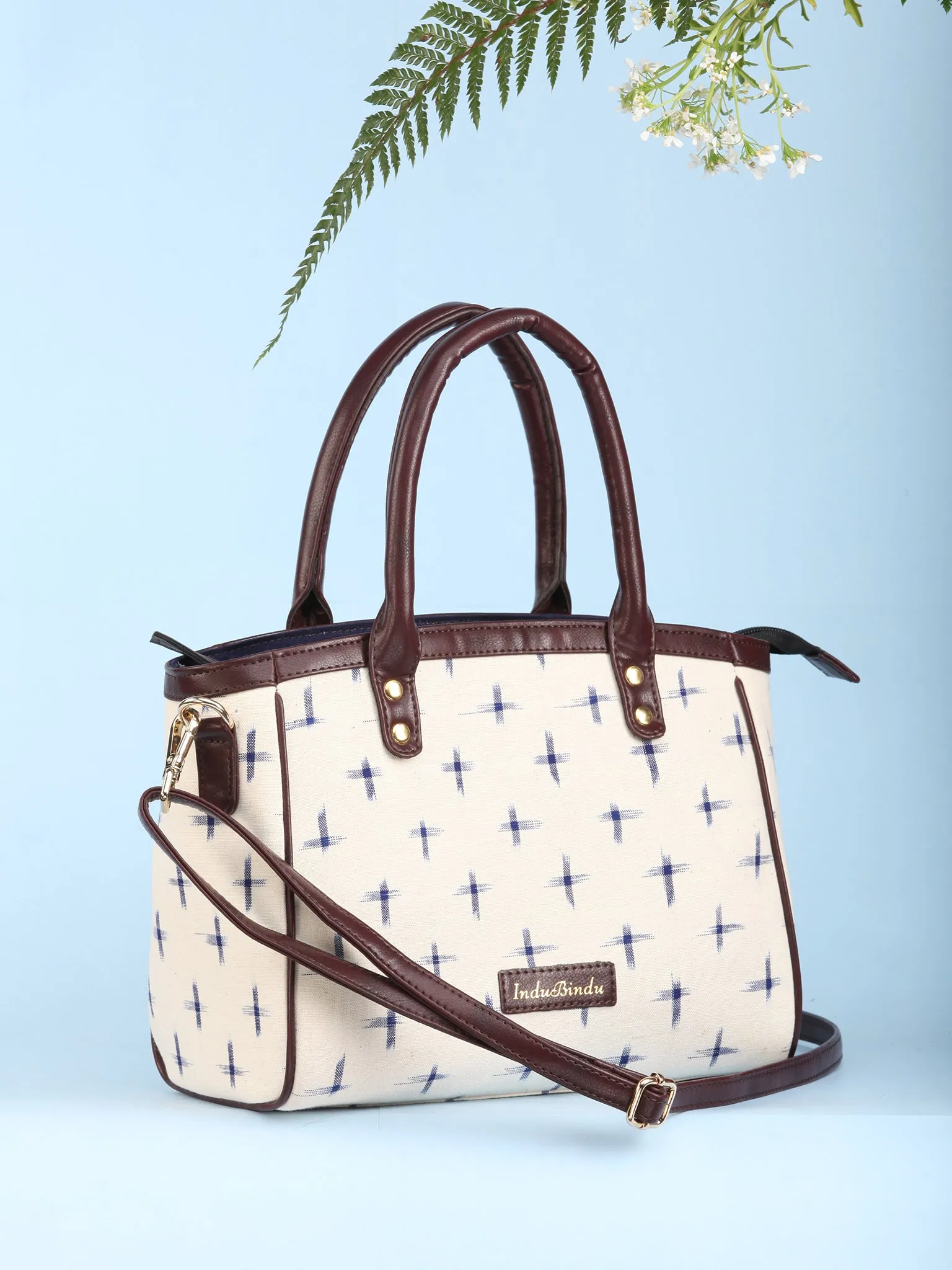 OffWhite Ikat & Vegan Leather Bucket Style Hand Bag - B1503