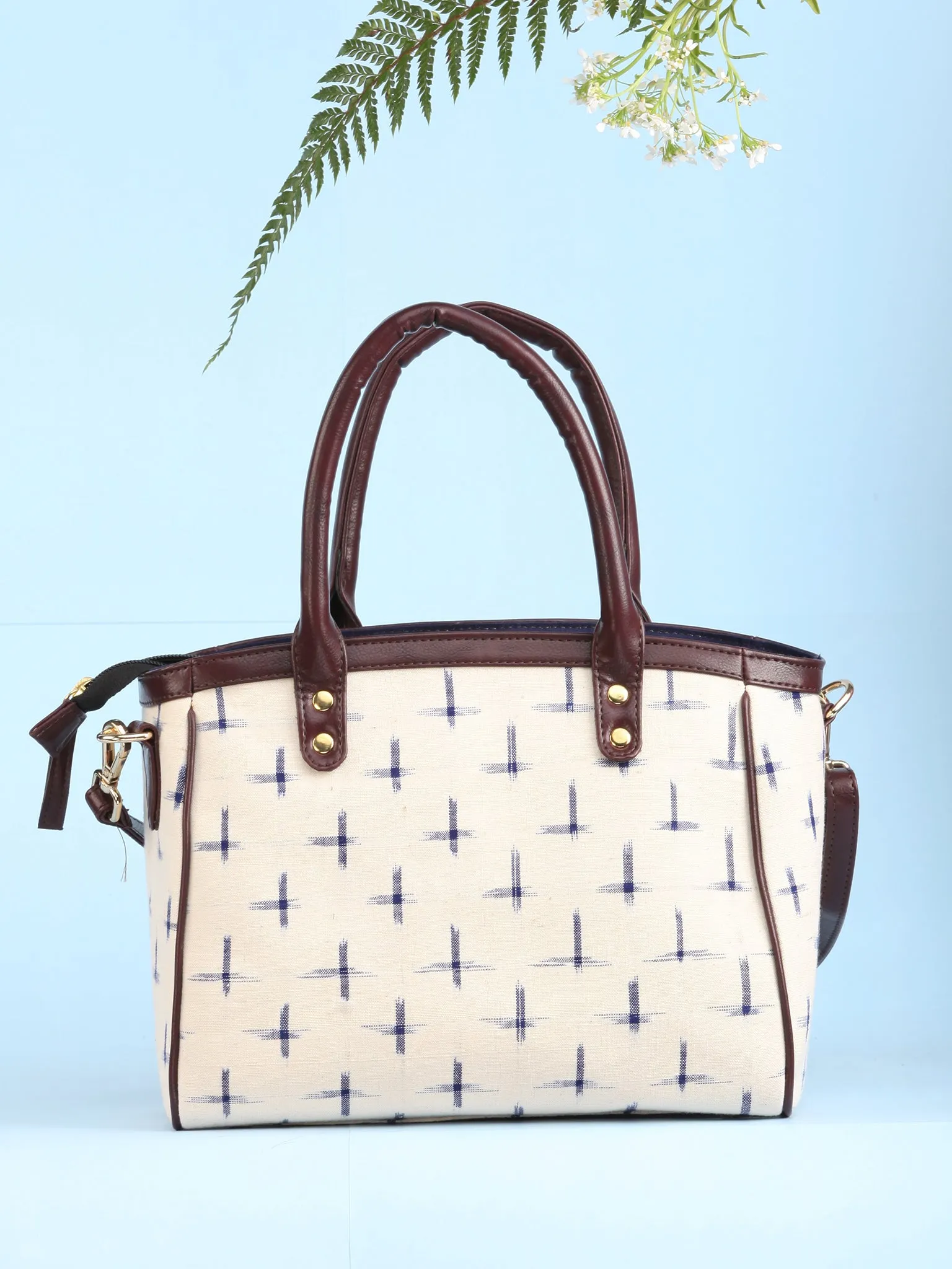OffWhite Ikat & Vegan Leather Bucket Style Hand Bag - B1503