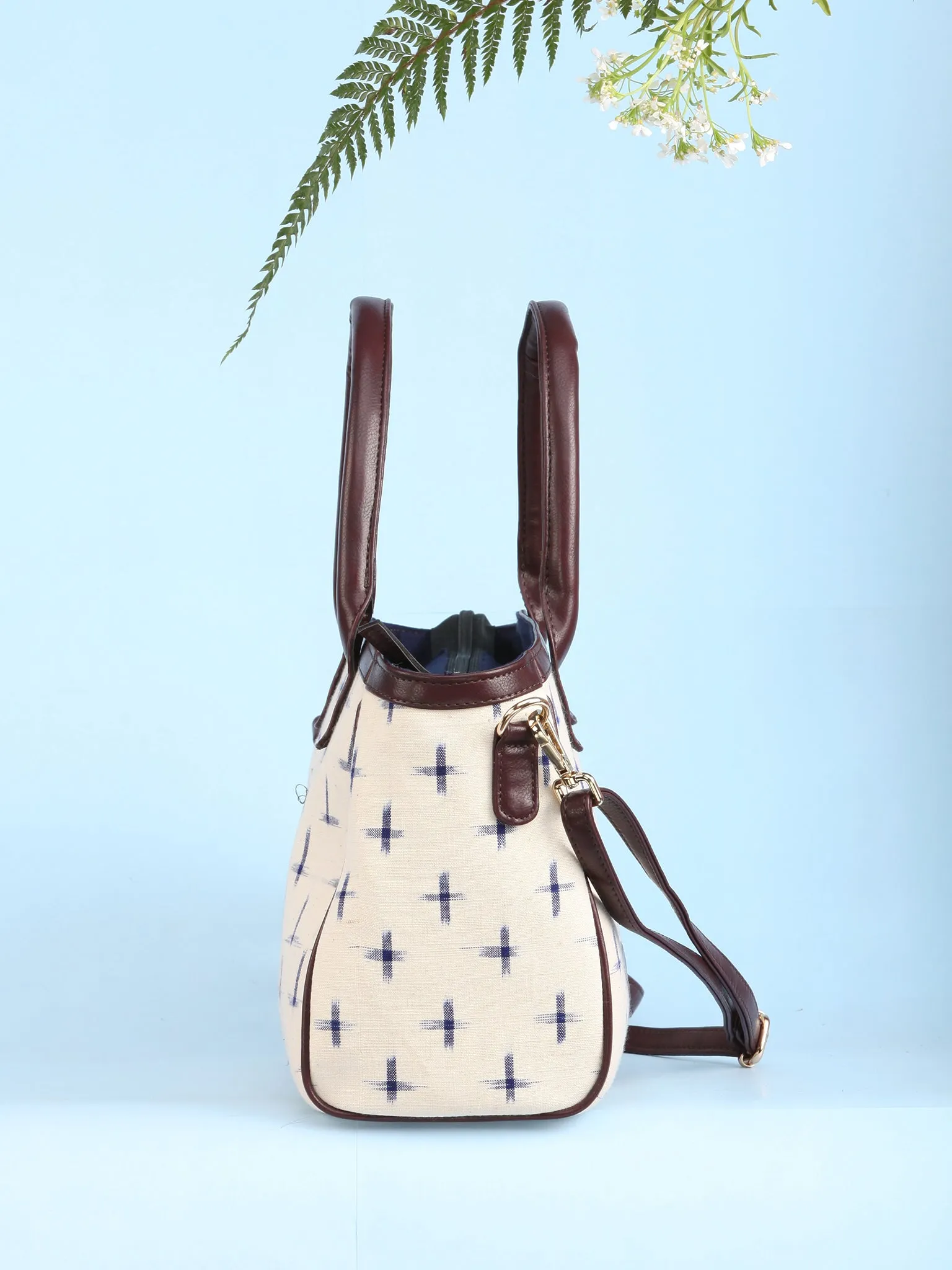 OffWhite Ikat & Vegan Leather Bucket Style Hand Bag - B1503