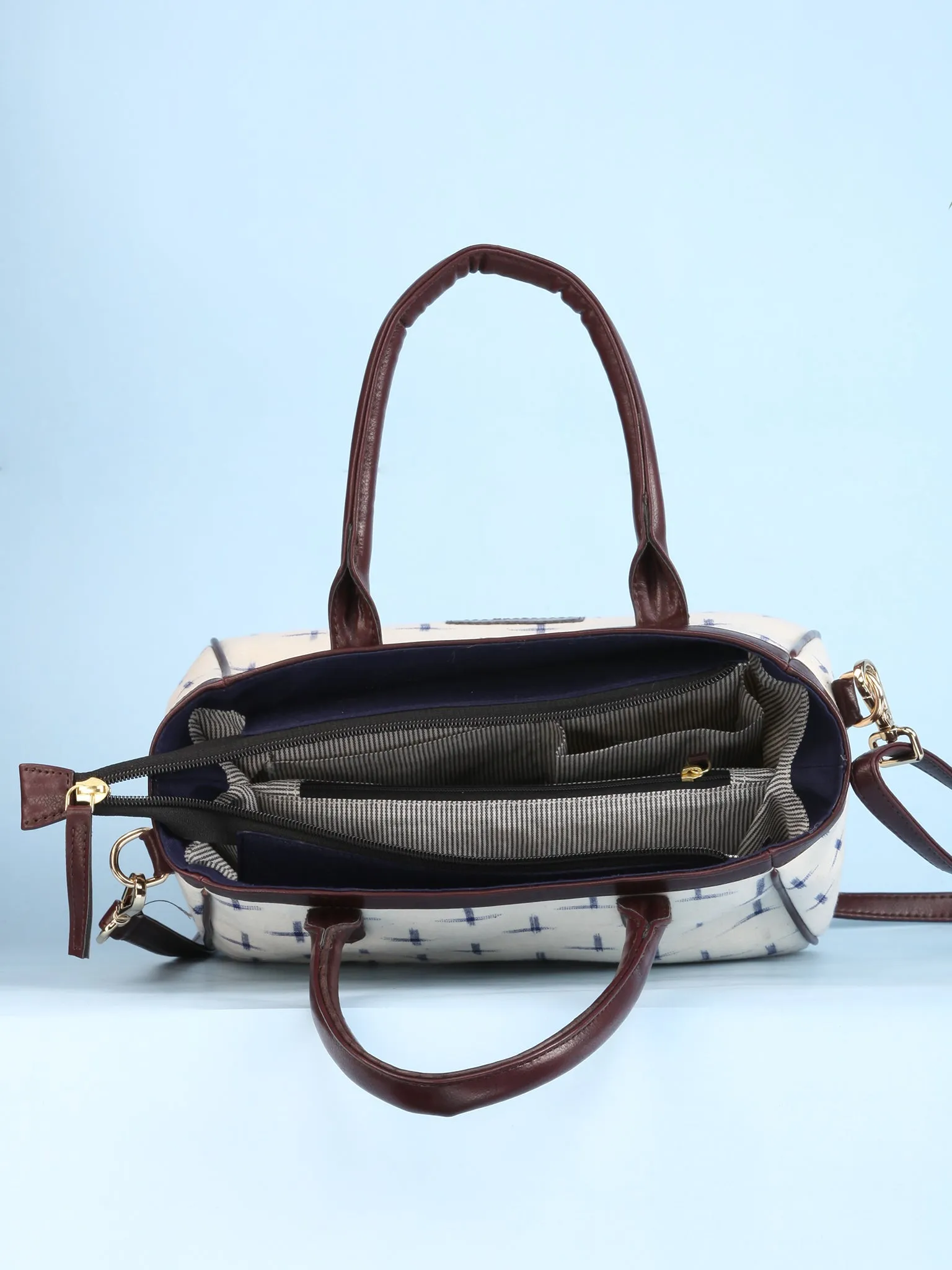 OffWhite Ikat & Vegan Leather Bucket Style Hand Bag - B1503