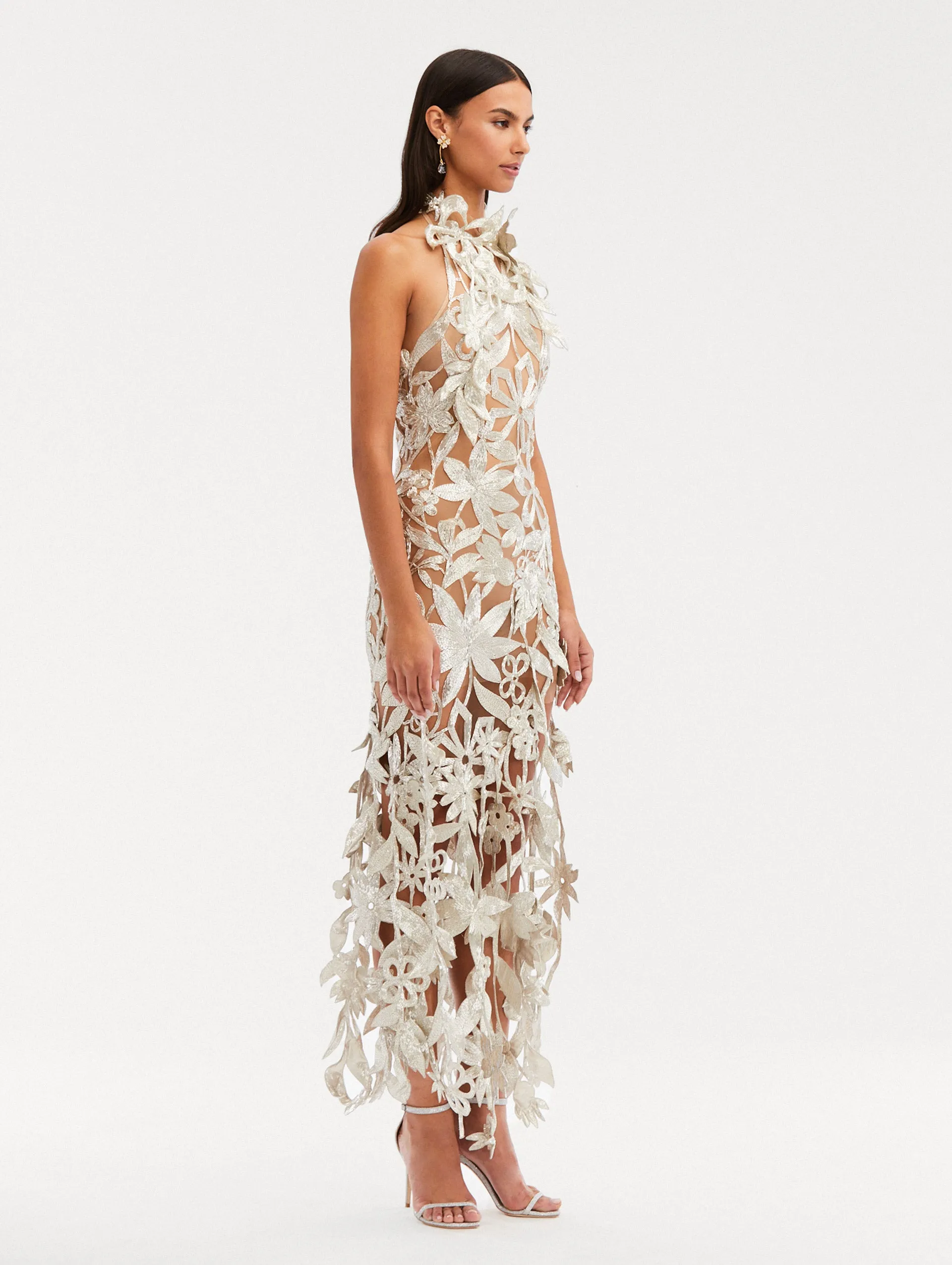Papercut Flower Bugle Bead Gown