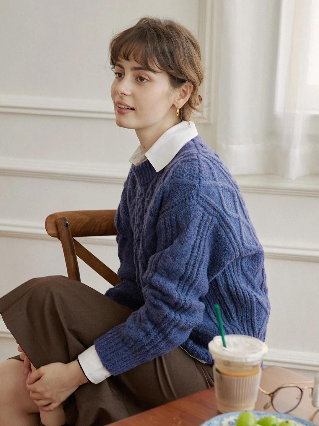 Raina Cable Blue Irish Knit Wool Sweater