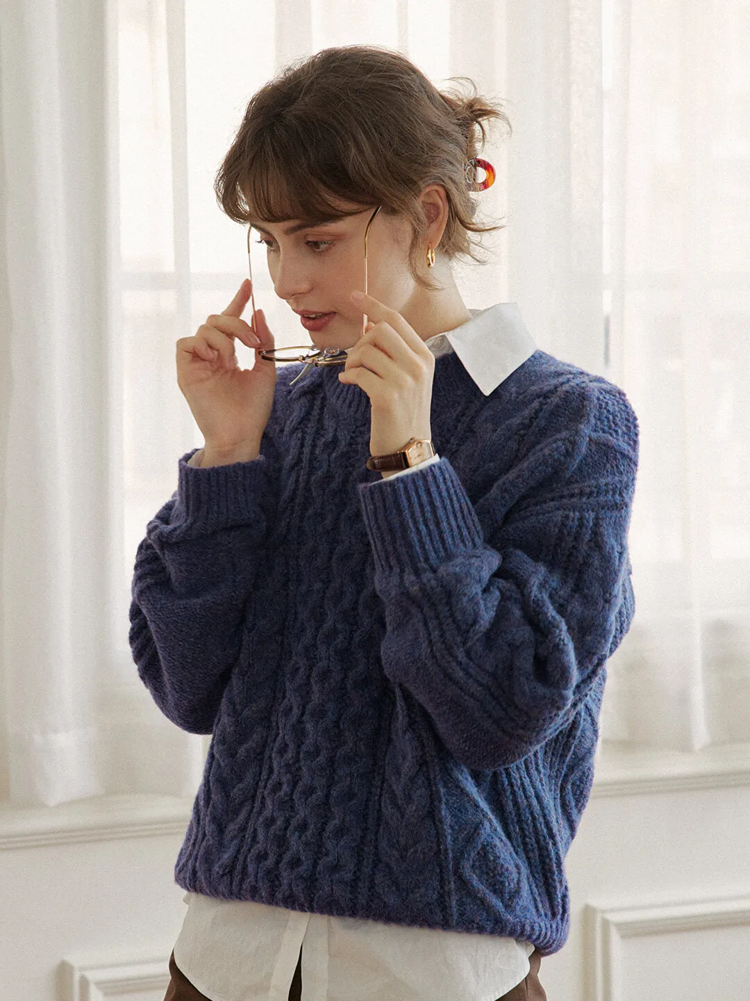 Raina Cable Blue Irish Knit Wool Sweater