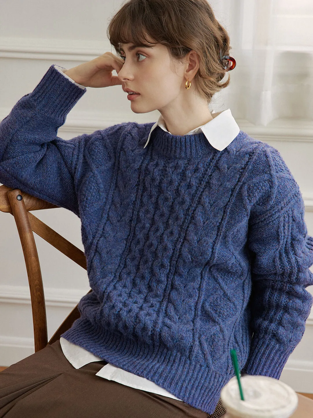 Raina Cable Blue Irish Knit Wool Sweater