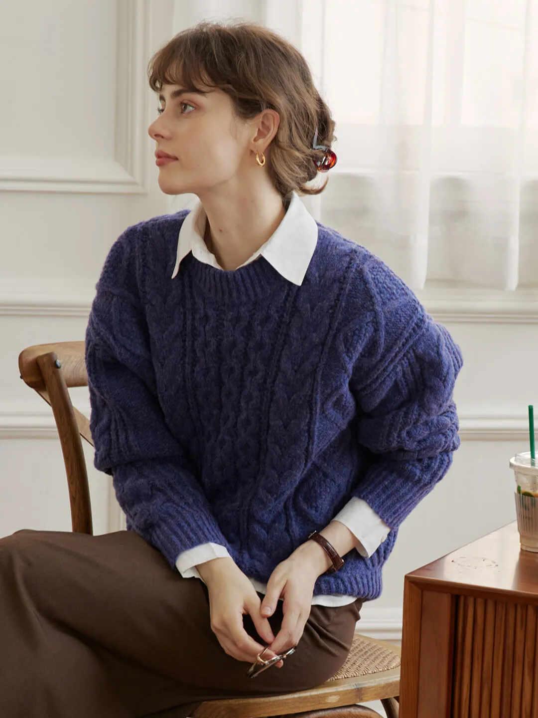 Raina Cable Blue Irish Knit Wool Sweater