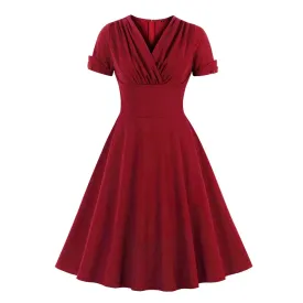 Retro Dress V Neck Wrap High Waist 1950S Vintage Green A Line Swing Dress, Solid Color Elegant Party Midi Retro Dress