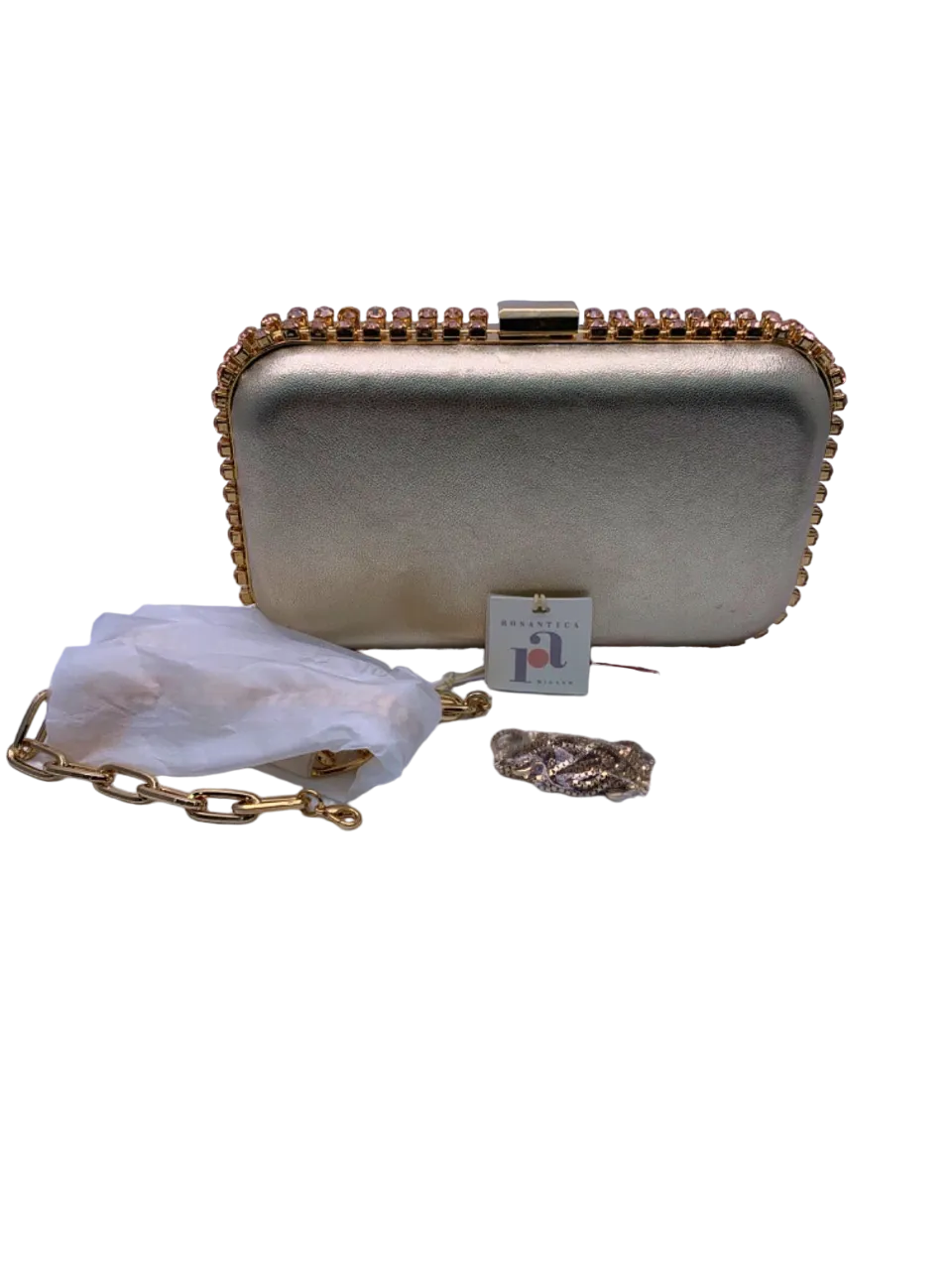 Rosantica Clio crystal-embellished leather clutch bag with shoulder chains