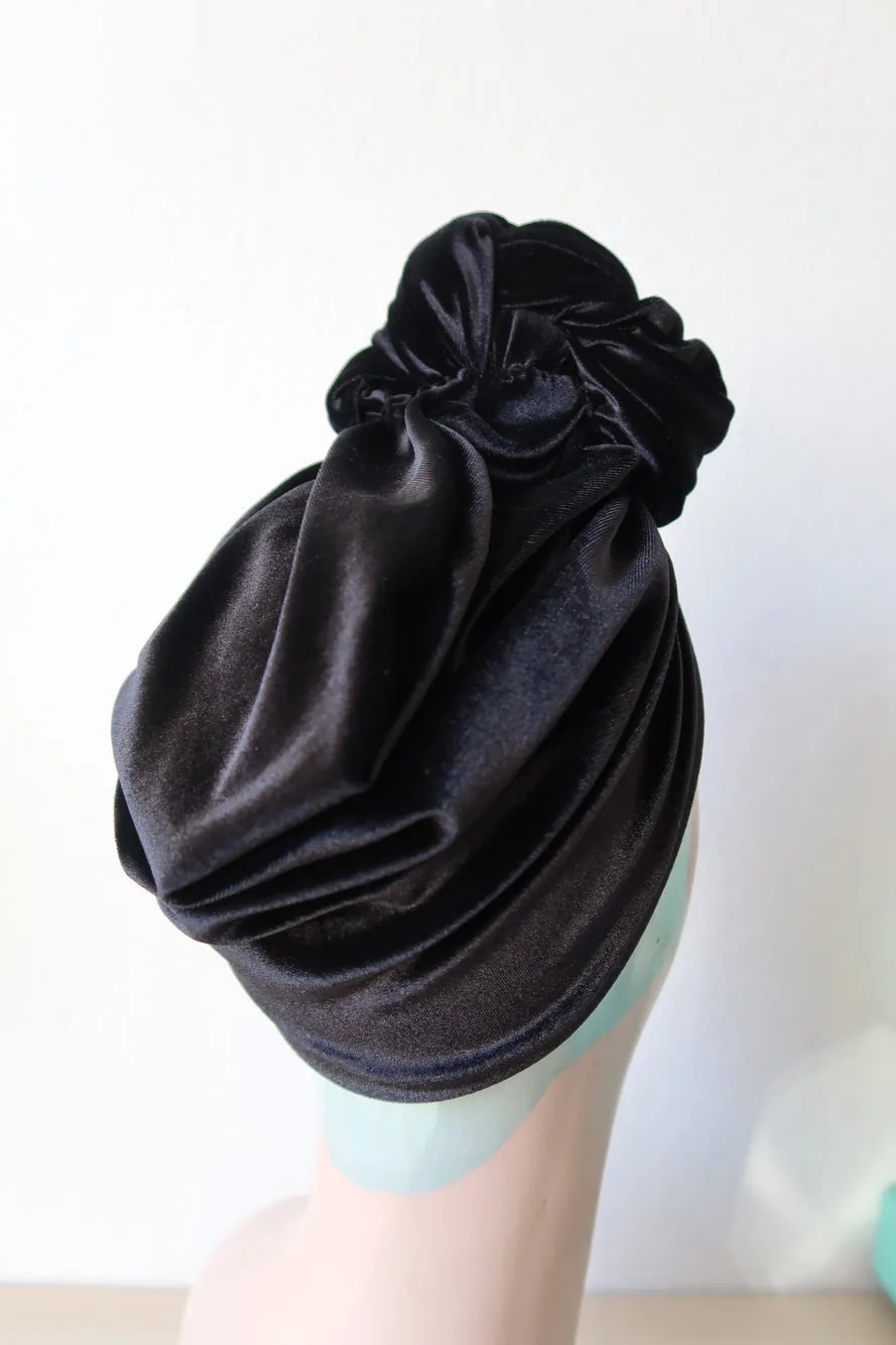 SCRUNCHIE KNOT Velvet Pre-tied Stretchy 1940s Style Turban (Full Coverage) in 4 Colours (made to order)