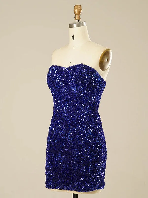 Sheath Sweetheart Sleeveless Short Velvet Sequin Prom Dress (AF1044)